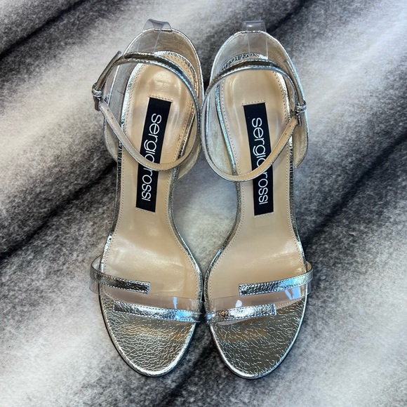 Sergio Rossi Argento Crack Lame Silver PVC Sandal Heels